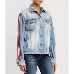 KanCan Womens Denim Jacket M Light Blue Distressed Striped Streetwear
